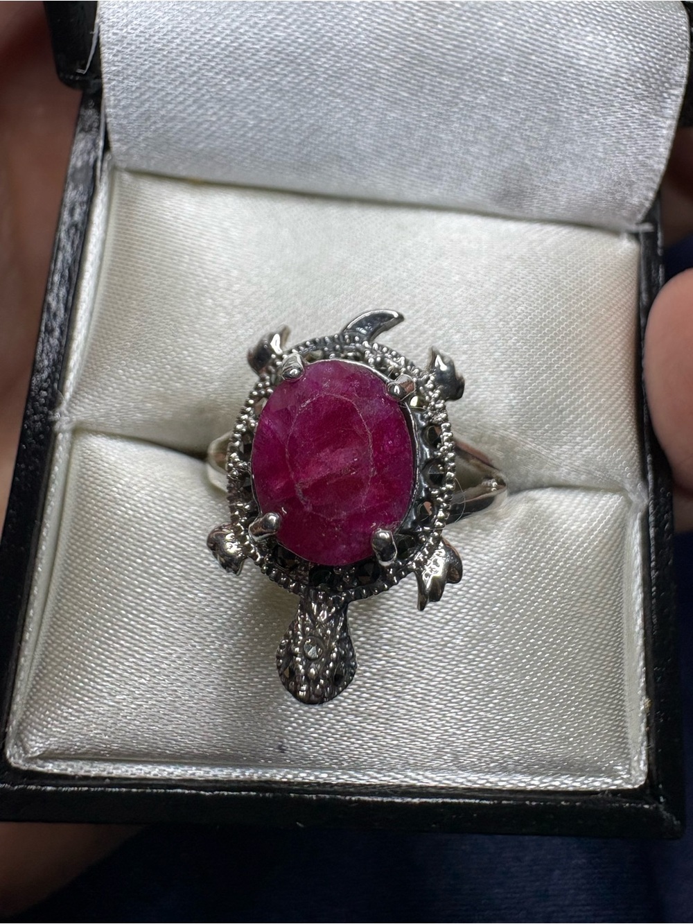 🤩Ring Turtle Sterling Silver Ruby Gemstone Marcasite Accents Split Shank Band - Picture 2 of 6